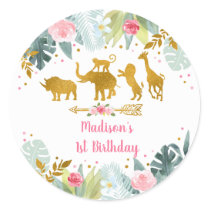 Pink Gold Safari Greenery Birthday Classic Round Sticker