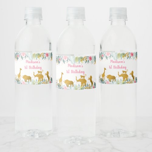 Pink Gold Safari Greenery Birthday Water Bottle Label