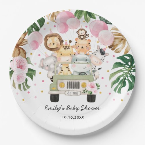 Pink Gold Safari Jungle Animals Greenery Baby Girl Paper Plates
