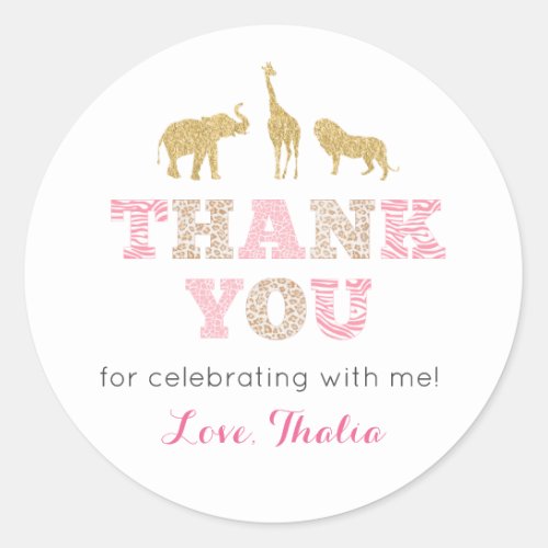 Pink Gold Safari Thank You Wild Birthday Party Classic Round Sticker