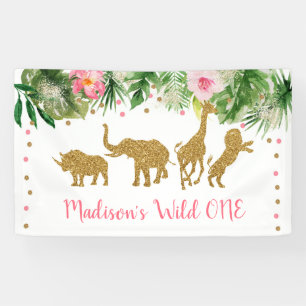 Pink & Gold Safari Wild One First Birthday Banner