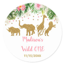 Pink & Gold Safari Wild One First Birthday Classic Round Sticker