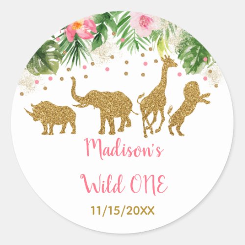 Pink  Gold Safari Wild One First Birthday Classic Round Sticker