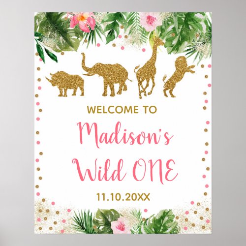 Pink  Gold Safari Wild One First Birthday Welcome Poster