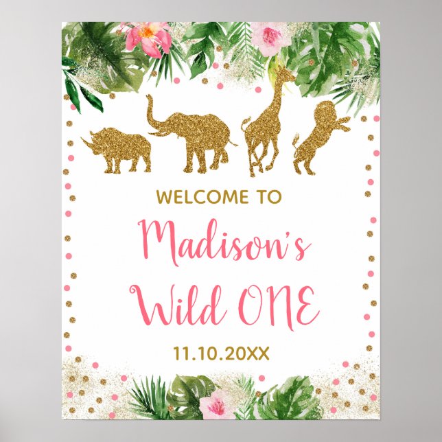 Pink & Gold Safari Wild One First Birthday Welcome Poster (Front)