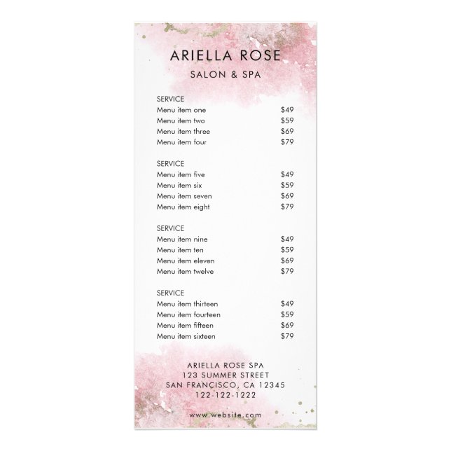 Pink Gold Salon Service Menu Price List Rack Card (Front)