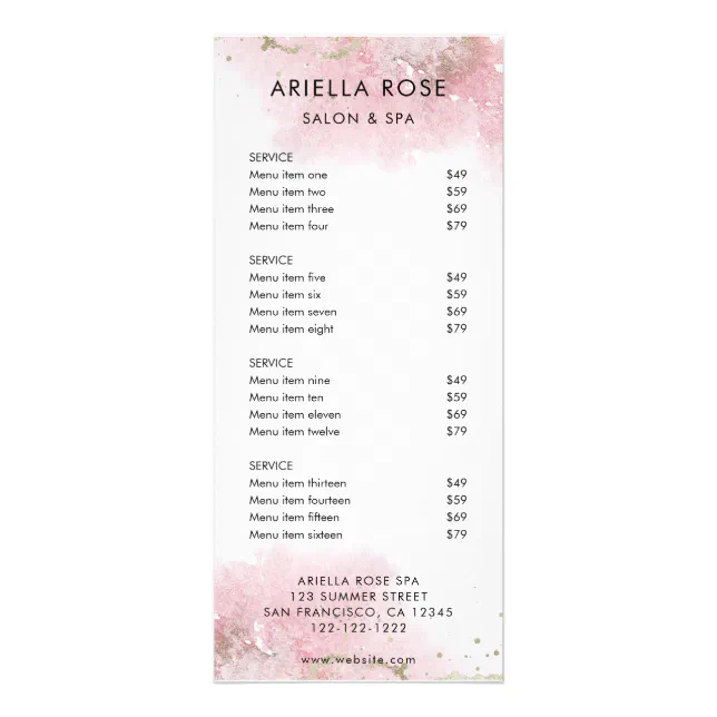 Pink Gold Salon Service Menu Price List Rack Card | Zazzle