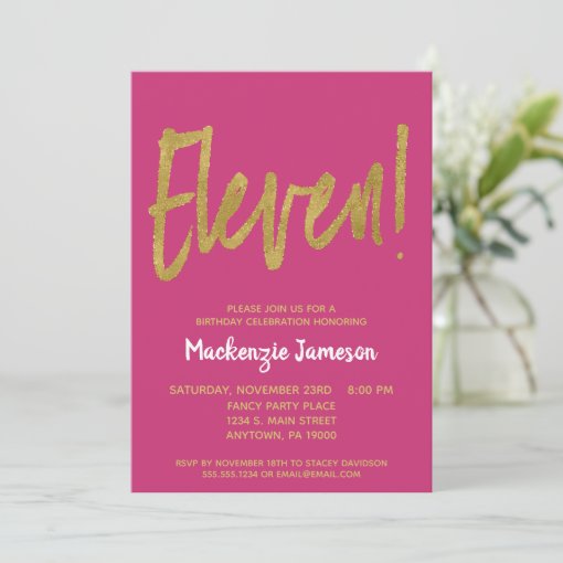 Pink Gold Script 11th Birthday Party Invitation | Zazzle