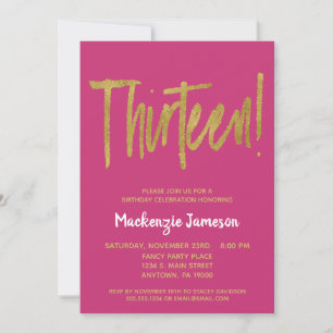 Pink Gold Script 13th Birthday Party Invitation