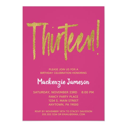 Pink Gold Script 13th Birthday Party Invitation Zazzle Com