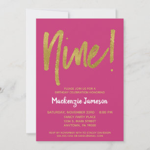 Pink Gold Script 9th Birthday Party Invitation