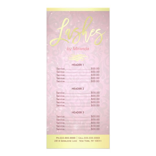 Pink Gold Script Lashes Makeup Artist Price List Rack Card Zazzle Com