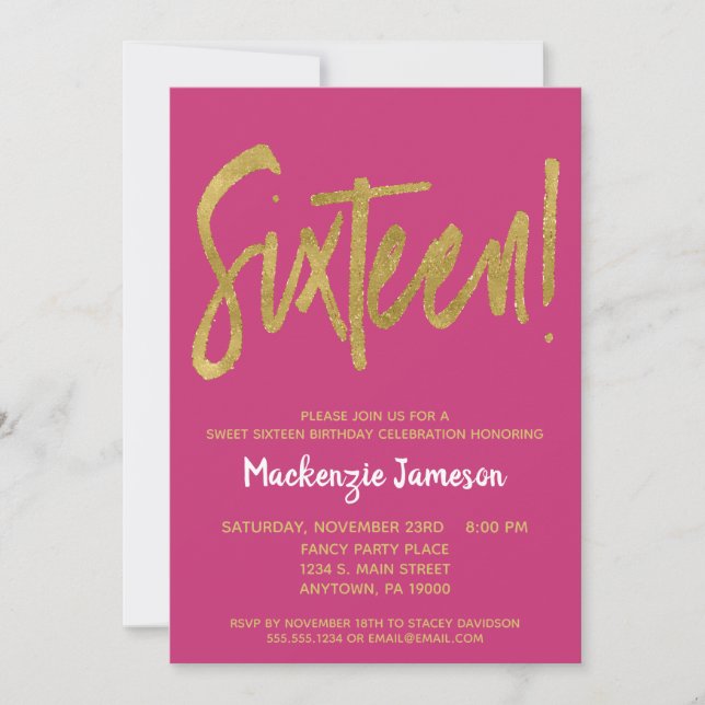Pink Gold Script Sweet Sixteen Party Invitation (Front)