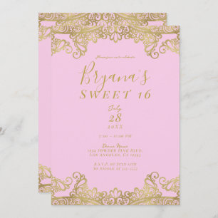 Pink & Gold Shine Lace Elegant Sweet 16 Party Invitation