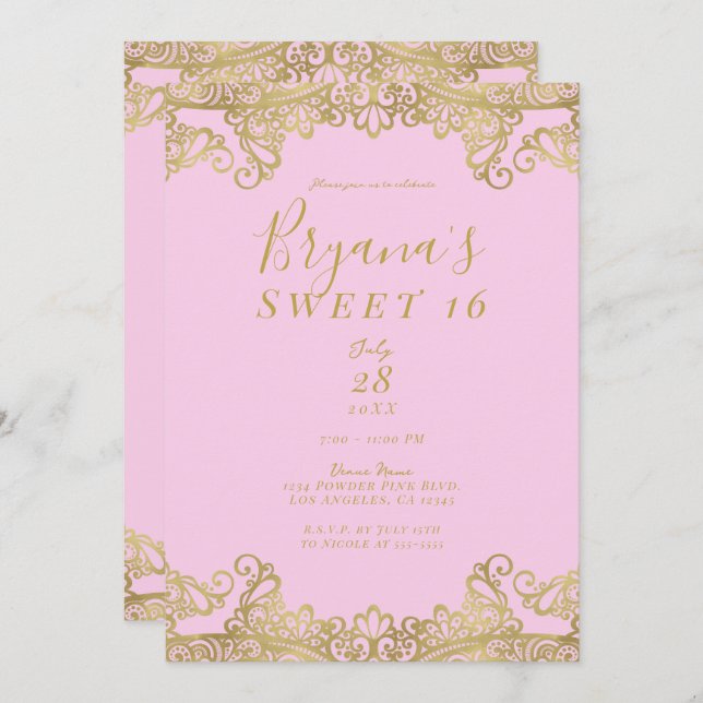 Pink & Gold Shine Lace Elegant Sweet 16 Party  Invitation (Front/Back)