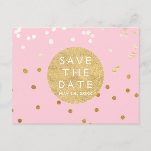 Pink  Gold Shiny Confetti Dots Save The Date Announcement Postcard