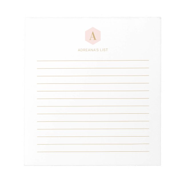 Pink & Gold Simple Modern Monogram Personalized Notepad (Front)