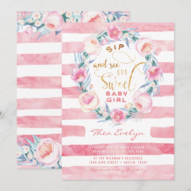 Pink & Gold Sip and See Baby Shower Invitations (Front/Back)