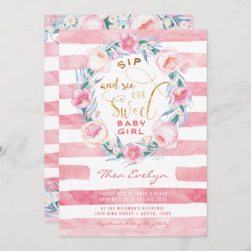 Pink  Gold Sip and See Baby Shower Invitations