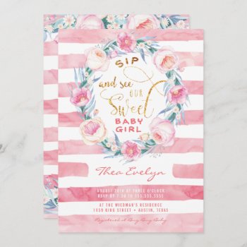 Pink & Gold Sip And See Baby Shower Invitations by joyonpaper at Zazzle