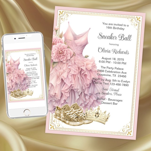 Pink Gold Sneaker Ball Birthday Party  Invitation (Pink gold sneaker ball invitation. Instant download and printed invitations available.)