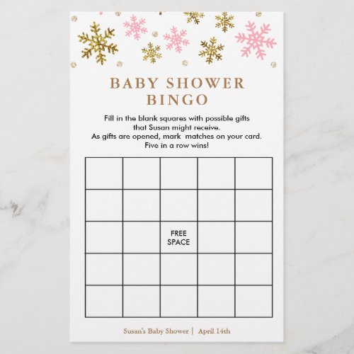 Pink  Gold Snowflake Baby Shower Bingo Game Card