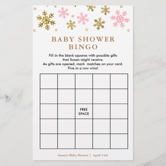 Pink & Gold Snowflake Baby Shower Bingo Game Card (Front)