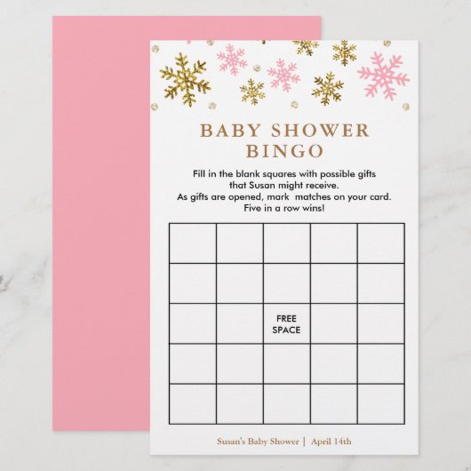 Pink & Gold Snowflake Baby Shower Bingo Game Card (Front/Back)