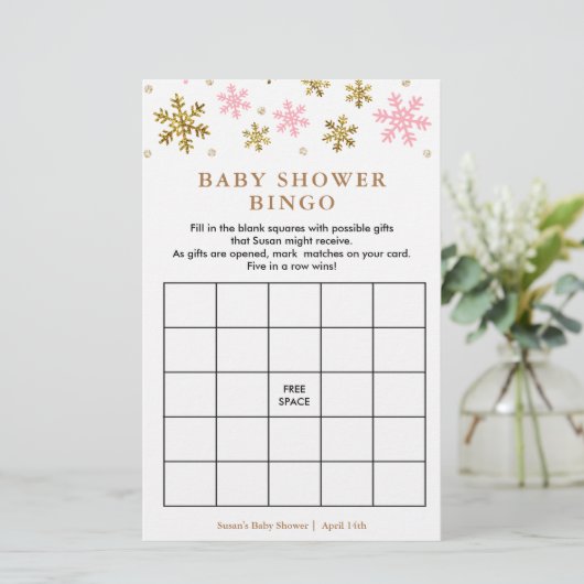 Pink & Gold Snowflake Baby Shower Bingo Game Card (Standing Front)