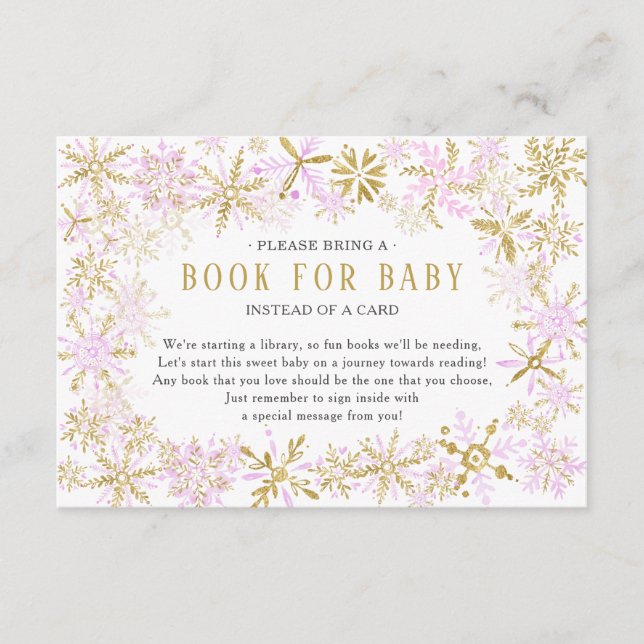 Pink Gold Snowflake Baby Shower Book for Baby Card (Front)