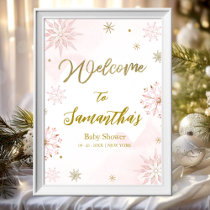 Pink Gold Snowflake Baby Shower Welcome Sign