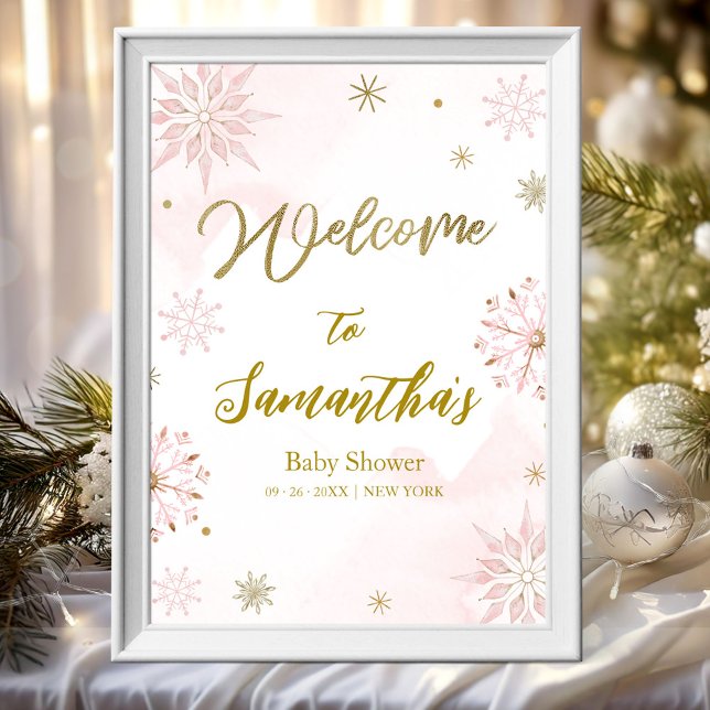 Pink Gold Snowflake Baby Shower Welcome Sign (Creator Uploaded)