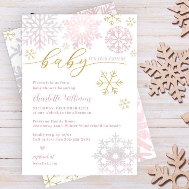 Pink & Gold Snowflake Baby Shower | Winter Theme Invitation (Baby Girl Winter Shower Invitation in faux Glitter Gold and Blush Pink)