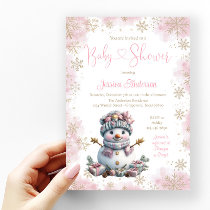 Pink Gold Snowflake Snowman Baby Shower Invitation