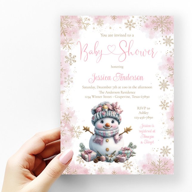 Pink Gold Snowflake Snowman Baby Shower Invitation (Girl snowman baby shower invitation with pretty pink and gold snowflakes.)