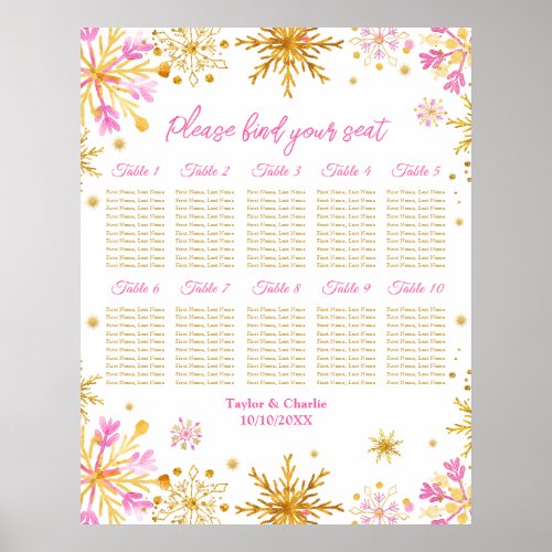 Pink Gold Snowflake Wedding 10 Table Seating Chart