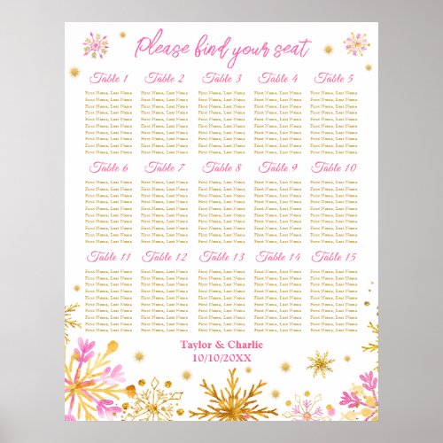 Pink Gold Snowflake Wedding 15 Table Seating Chart