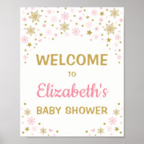 Pink Gold Snowflake Winter Baby Shower Welcome Poster