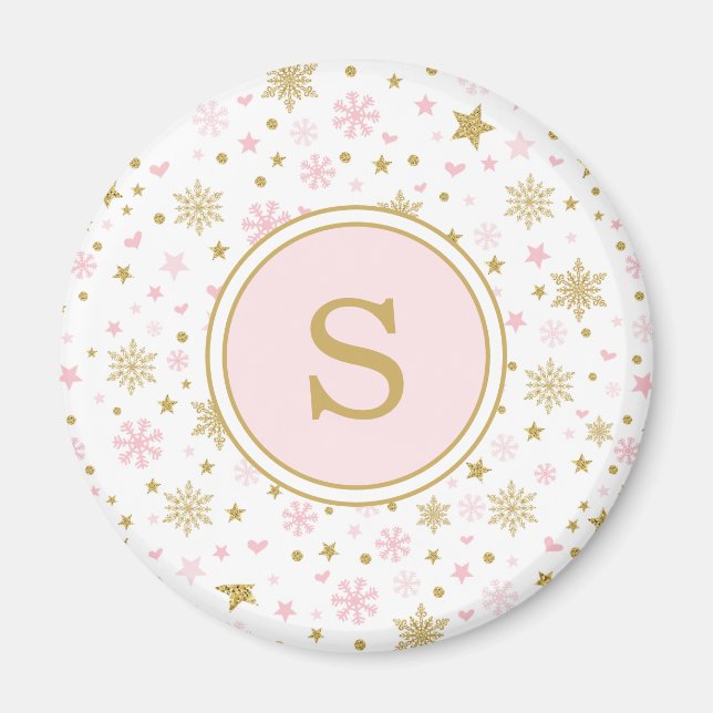 Pink Gold Snowflake Winter Onederland Party Favors Magnet (Front)