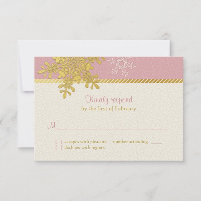 Pink Gold Snowflake Winter Wedding Reply Card (Front)