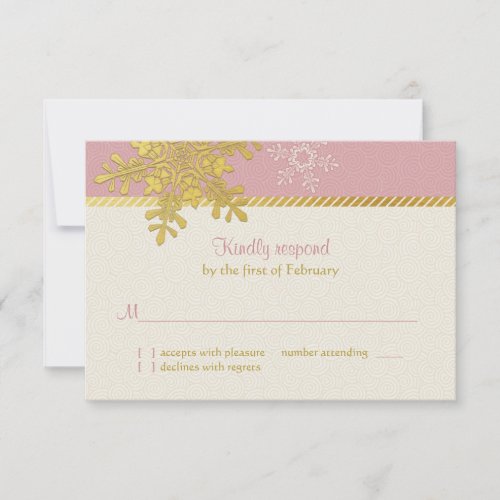 Pink Gold Snowflake Winter Wedding Reply Card