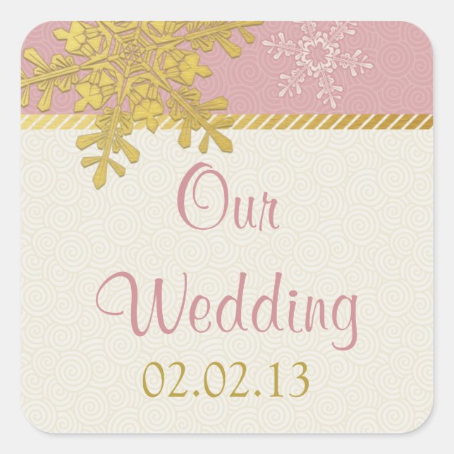 Pink Gold Snowflake Winter Wedding Stickers (Front)