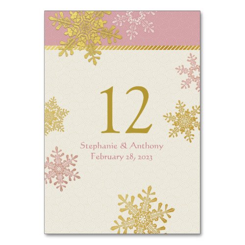 Pink Gold Snowflake Winter Wedding Table Number