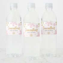 Pink Gold Snowflakes Baby Shower  Water Bottle Label