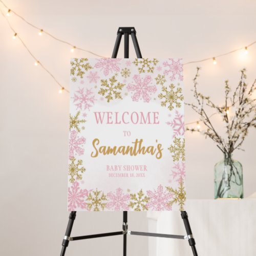 Pink Gold Snowflakes Baby Shower Welcome Sign