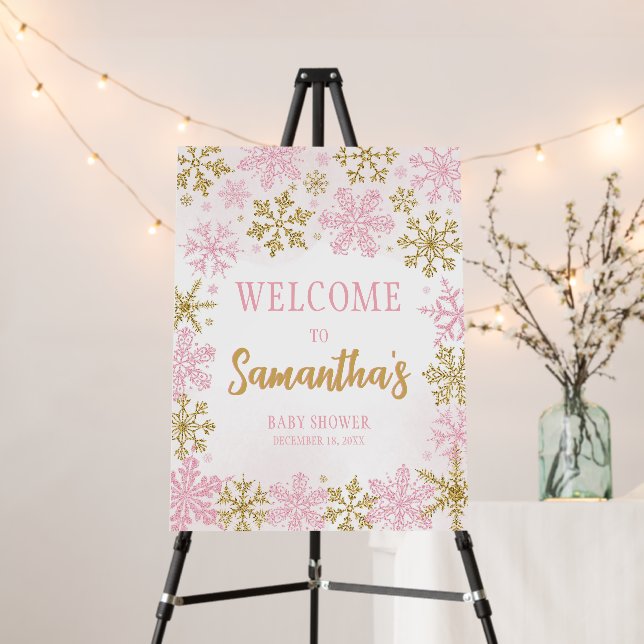 Pink Gold Snowflakes Baby Shower Welcome Sign (In Situ (Stand))