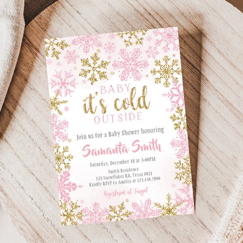 Pink Gold Snowflakes Cold Outside Baby Shower Invitation