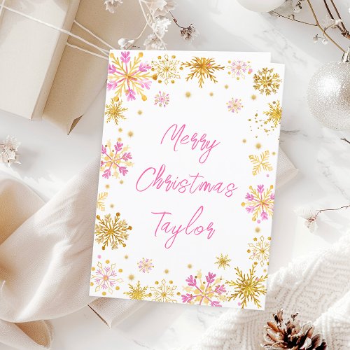 Pink Gold Snowflakes Merry Christmas with Name Holiday Card