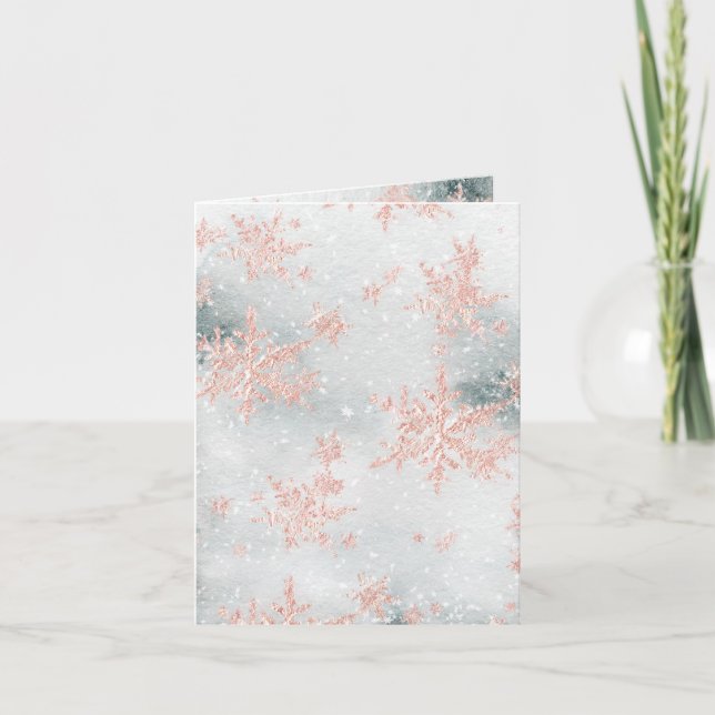 Pink Gold Snowflakes Snowy Winter Ice Holiday Card (Front)