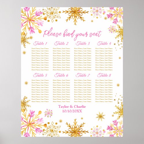 Pink Gold Snowflakes Wedding 8 Table Seating Chart